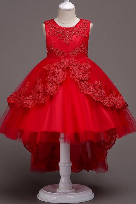 High Low Lace Flower Girls Dress Wedding Teens Prom Party Perform Gowns Kids Children Clothes Red