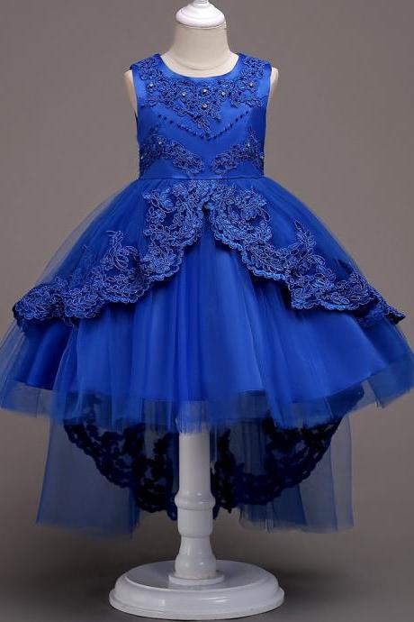 High Low Lace Flower Girls Dress Wedding Teens Prom Party Perform Gowns Kids Children Clothes Royal Blue