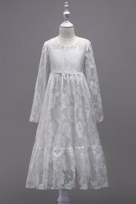 Lace Flower Girl Dress Princess Long Sleeve Wedding First Communion Party Gown Kids Children Clothes off white
