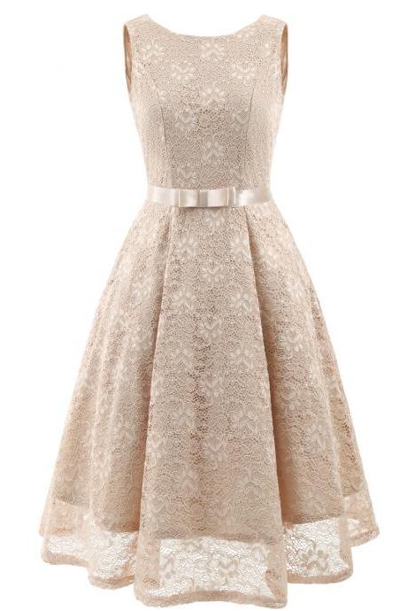 Vintage Floral Lace Dress O Neck Sleeveless Bow Belted Wedding Party Swing Dress Champagne