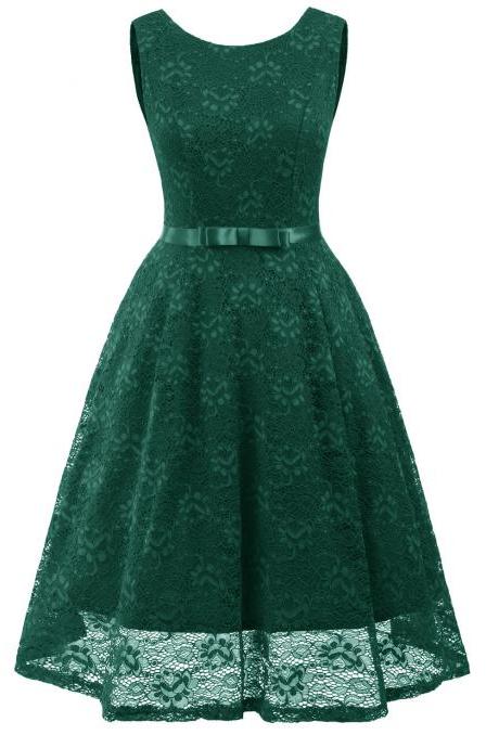Vintage Floral Lace Dress O Neck Sleeveless Bow Belted Wedding Party Swing Dress Green
