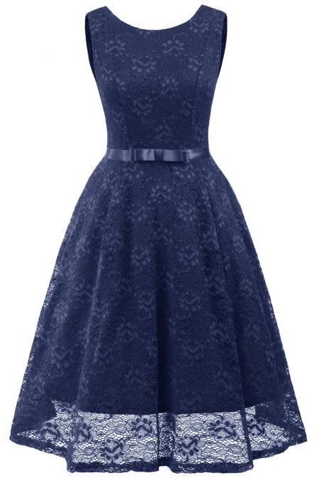 Vintage Floral Lace Dress O Neck Sleeveless Bow Belted Wedding Party Swing Dress Navy Blue