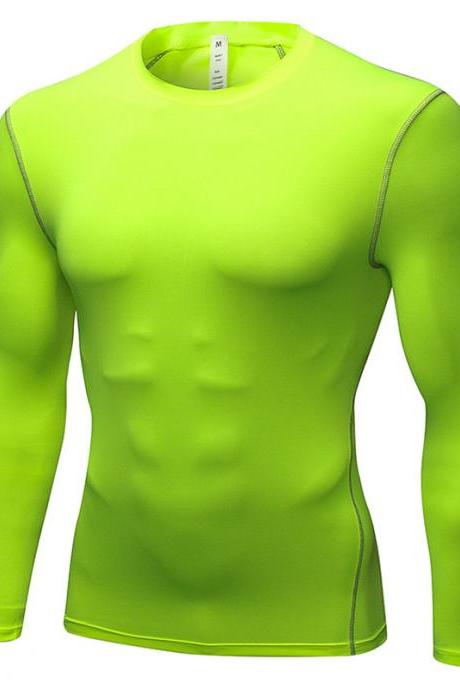  Men Pro Quick Dry Fitness Sport Run Yoga Exercise GYM Top Compression Tee Basketball Workout Hiking Board T Shirt fluorescent green