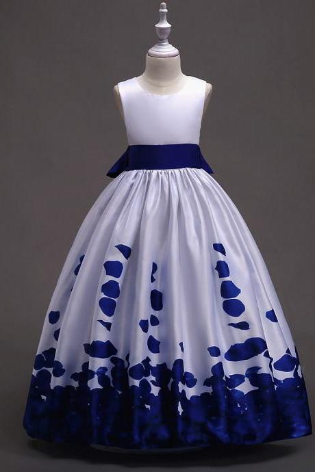 Long Flower Girl Dress Floral Printed Teens Wedding Bridesmaid Party Gown Children Clothes royal blue