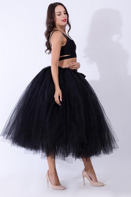 Women Puffy Tutu Skirts Long Tea Length Tulle Skirt Wedding Bridesmaid Lolita Underskirt black