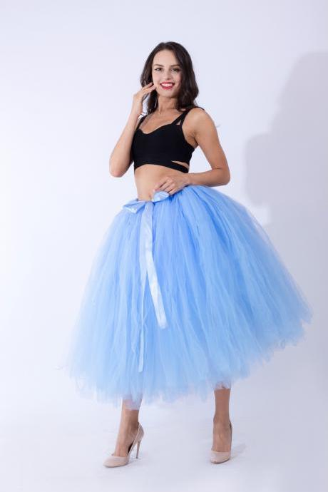 Women Puffy Tutu Skirts Long Tea Length Tulle Skirt Wedding Bridesmaid Lolita Underskirt China Blue
