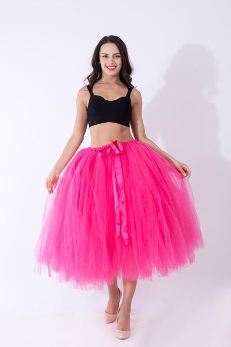 Women Puffy Tutu Skirts Long Tea Length Tulle Skirt Wedding Bridesmaid Lolita Under skirt hot pink