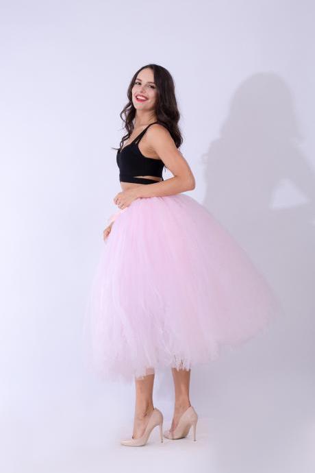 Women Puffy Tutu Skirts Long Tea Length Tulle Skirt Wedding Bridesmaid Lolita Underskirt pink