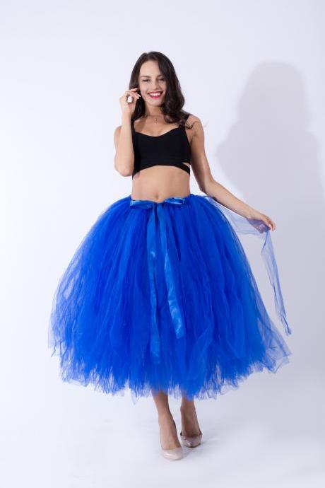 Women Puffy Tutu Skirts Long Tea Length Tulle Skirt Wedding Bridesmaid Lolita Under skirt royal blue