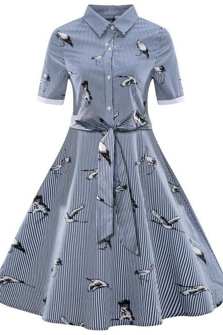 Women Striped Shirt Dress Turn Down Collar Vintage Wild Geese Print Short Sleeve Summer Casual Dress Blue