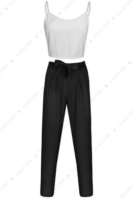 Women Suit Spaghetti Straps Crop Top+long Pants Two Piece Set Office Party Clothing Black