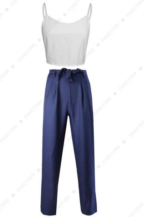 Women Suit Spaghetti Straps Crop Top+Long Pants Two Piece Set Office Party Clothing navy blue