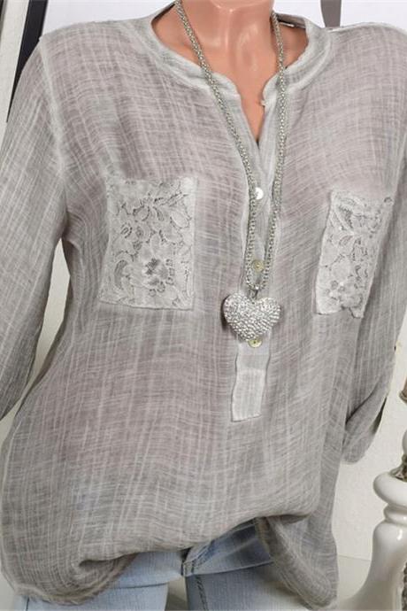 2018 Spring Plus Size Blouse Women Lace Tops Long Sleeve Casual Loose Ol Ladies Shirts Gray