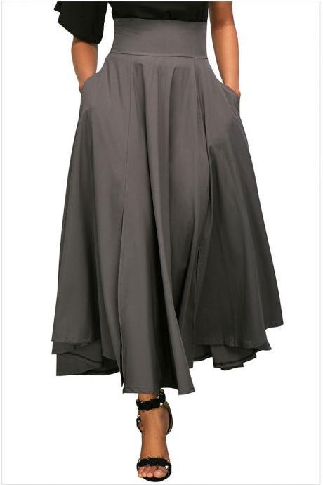 Womens Solid Long Maxi Skirt High Waist Pockets Pleated Swing Asymmetrical A Line Skirt gray
