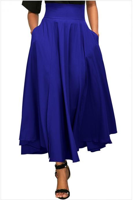 Womens Solid Long Maxi Skirt High Waist Pockets Pleated Swing Asymmetrical A Line Skirt royal blue