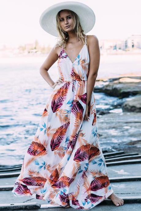 V-Neck Leaf Printed Bohemian Maxi Summer Dress with Spaghetti Straps and Racerback