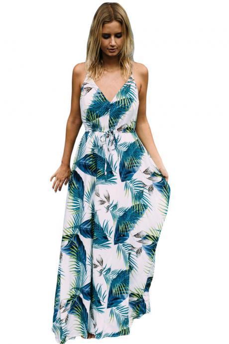 V-Neck Leaf Printed Bohemian Maxi Summer Dress with Spaghetti Straps