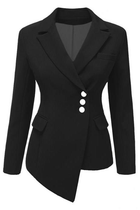 Fashion Slim Asymmetrical Women Suit Coat Buttons Long Sleeve Solid Lady Short Casual Jacket Black