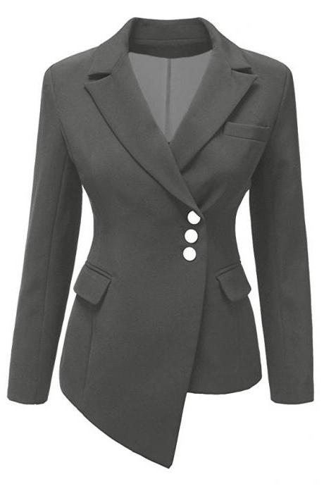 Fashion Slim Asymmetrical Women Suit Coat Buttons Long Sleeve Solid Lady Short Casual Jacket dark gray