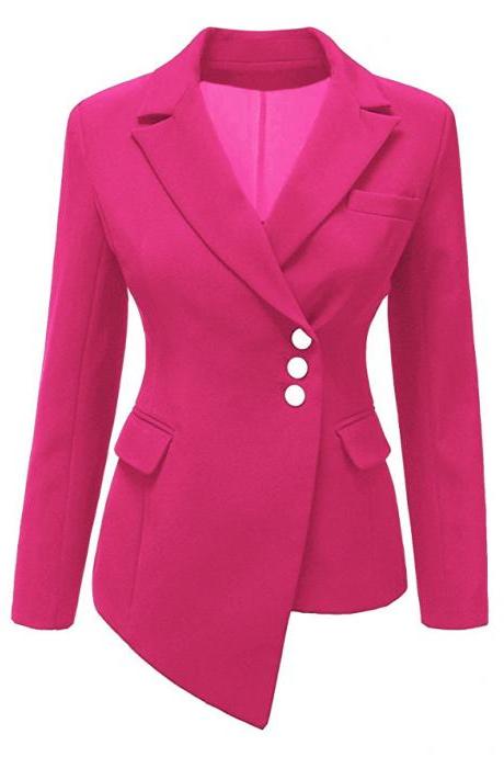 Fashion Slim Asymmetrical Women Suit Coat Buttons Long Sleeve Solid Lady Short Casual Jacket hot pink