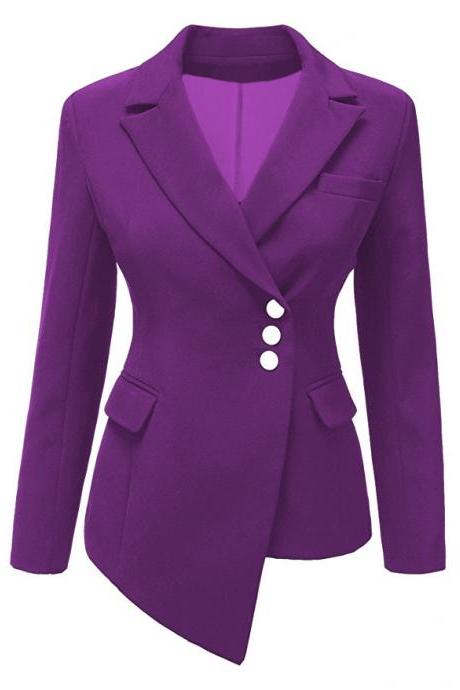 Fashion Slim Asymmetrical Women Suit Coat Buttons Long Sleeve Solid Lady Short Casual Jacket purple