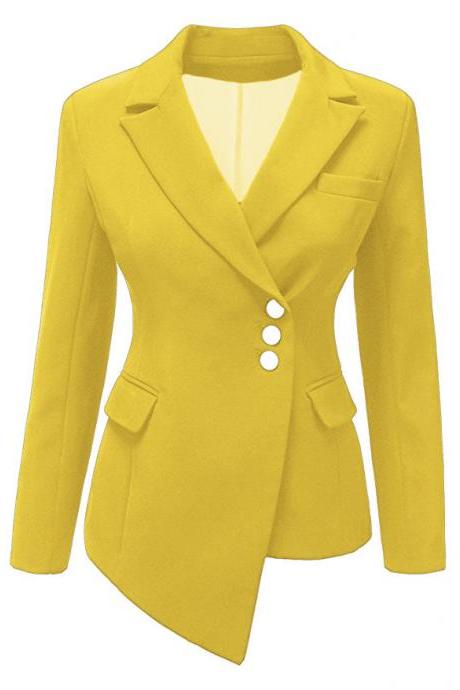 Fashion Slim Asymmetrical Women Suit Coat Buttons Long Sleeve Solid Lady Short Casual Jacket yellow