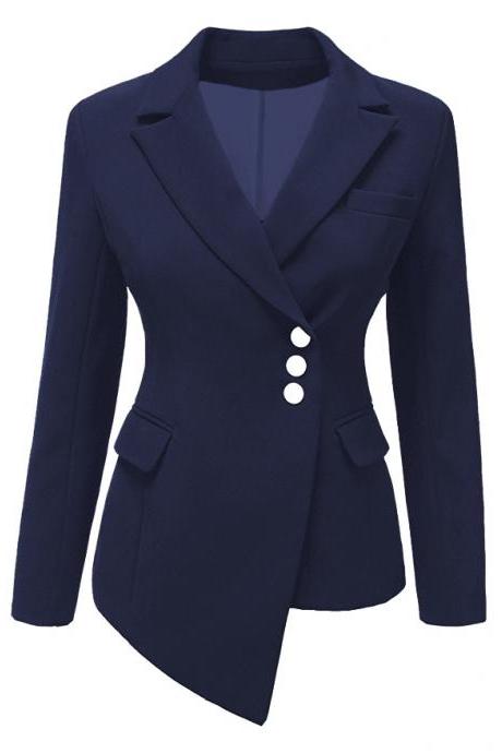 Fashion Slim Asymmetrical Women Suit Coat Buttons Long Sleeve Solid Lady Short Casual Jacket Navy Blue