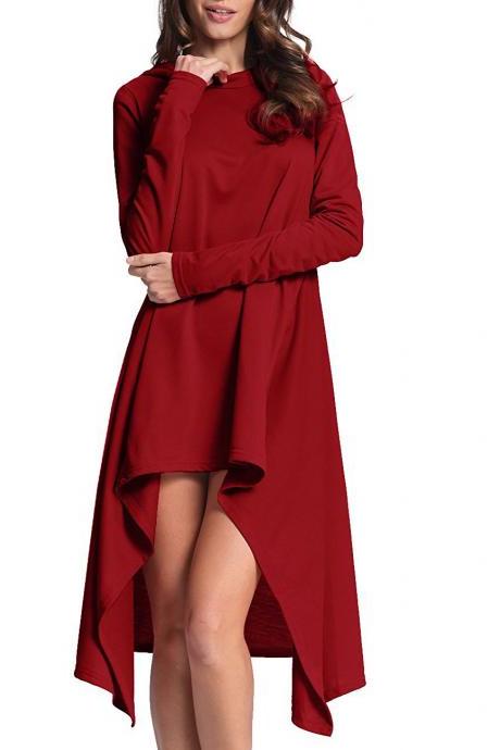 Women High Low Hoodies Aymmetrical Hem Casual Loose Long Sleeve Pullover Sweatshirt Red
