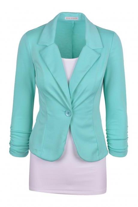 Fashion Spring Women Slim Blazer Coat Long Sleeve One Button Casual Suit Jacket Ladies Work Wear Aqua
