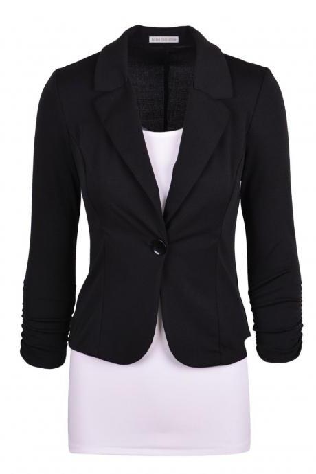Fashion Spring Women Slim Blazer Coat Long Sleeve One Button Casual Suit Jacket Ladies Work Wear Black