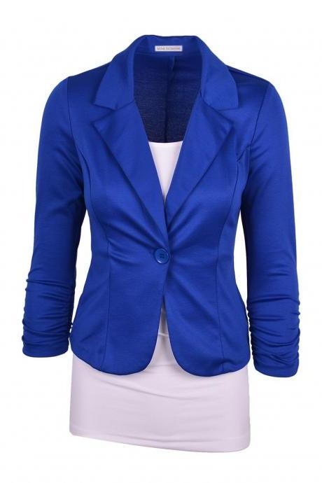 Fashion Spring Women Slim Blazer Coat Long Sleeve One Button Casual Suit Jacket Ladies Work Wear Blue