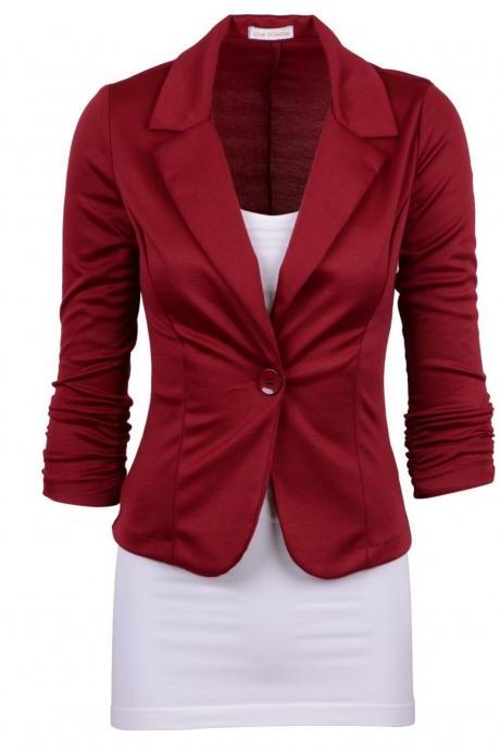 Fashion Spring Women Slim Blazer Coat Long Sleeve One Button Casual Suit Jacket Ladies Work Wear Burgundy