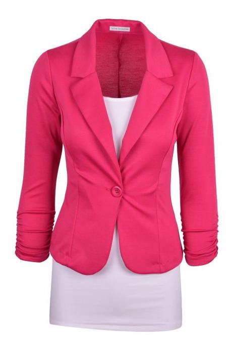 Fashion Spring Women Slim Blazer Coat Long Sleeve One Button Casual Suit Jacket Ladies Work Wear hot pink