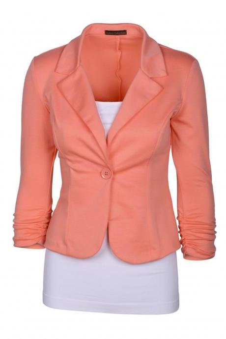 Fashion Spring Women Slim Blazer Coat Long Sleeve One Button Casual Suit Jacket Ladies Work Wear Salmon