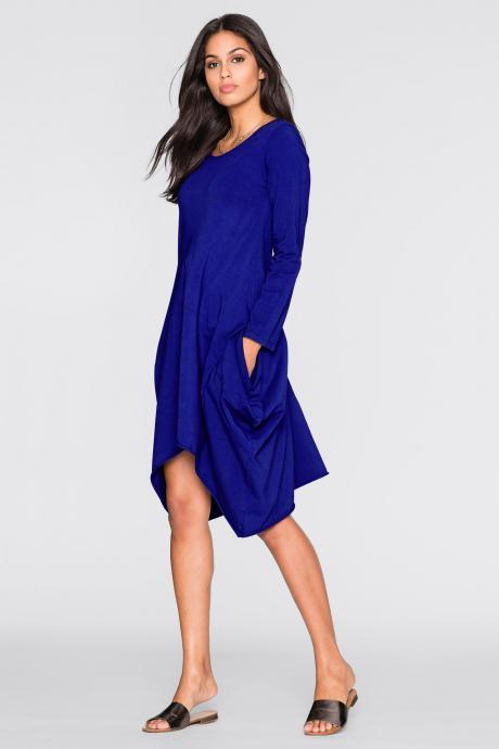 Women O-Neck Long Tunic Tops Asymmetrical Hem Long Sleeve Pockets Casual Shirt Solid Blouse royal blue
