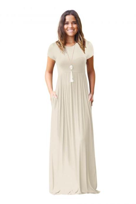 Apricot O-Neck Casual Maxi Dress with Short Sleeves and Side Pockets