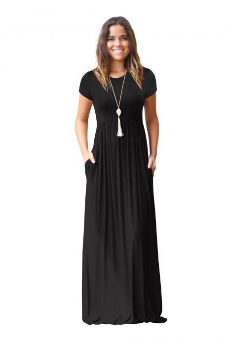 Women Maxi Long Dress Short Sleeve O Neck Solid Slim Pockets Spring Casual Party Dress black