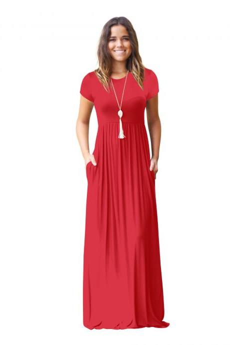Women Maxi Long Dress Short Sleeve O Neck Solid Slim Pockets Spring Casual Party Dress Red