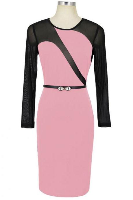 Sexy Mesh Patchwork Pencil Dress O Neck Long Sleeve Belted Bodycon Party Dress pink