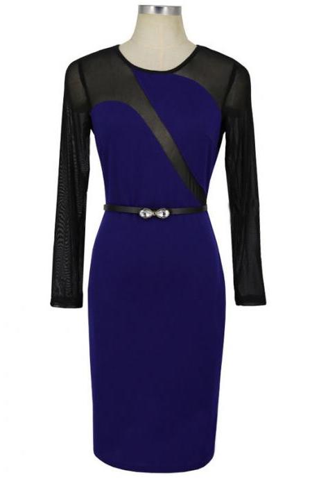 Sexy Mesh Patchwork Pencil Dress O Neck Long Sleeve Belted Bodycon Party Dress royal blue