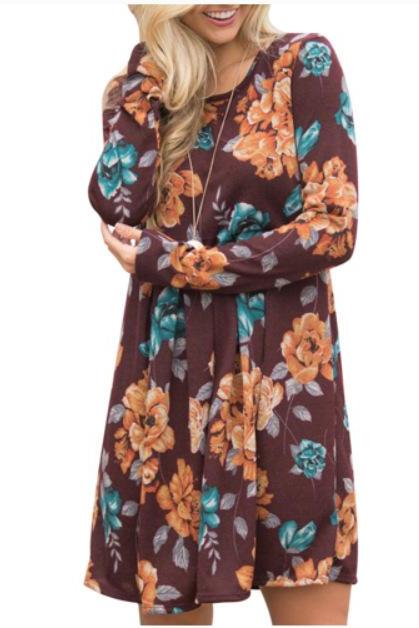 Women Spring Autumn Casual Dress Vintage Long Sleeve Floral Print Mini Beach Dress coffee