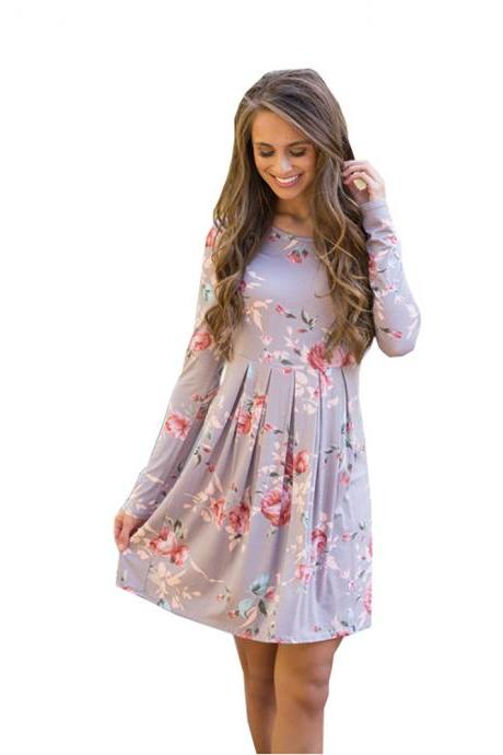 Women Spring Autumn Casual Dress Vintage Long Sleeve Floral Print Mini Beach Dress gray