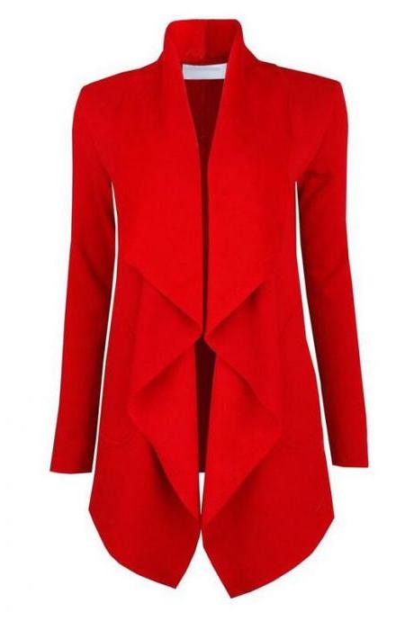 Spring Autumn Turn-down Collar Coat Women Long Sleeve Cardigan Solid Asymmetrical Jacket Outwear red