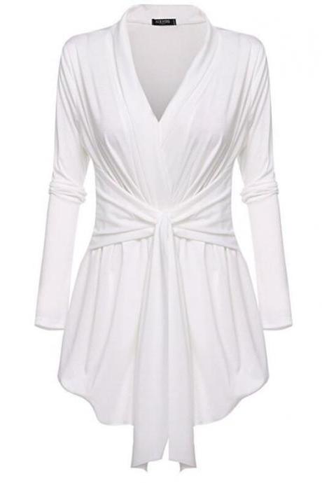 Women V-Neck Tunic Soft Tops Asymmetrical Hem Long Sleeve Casual Shirt Solid Female Blouse off white