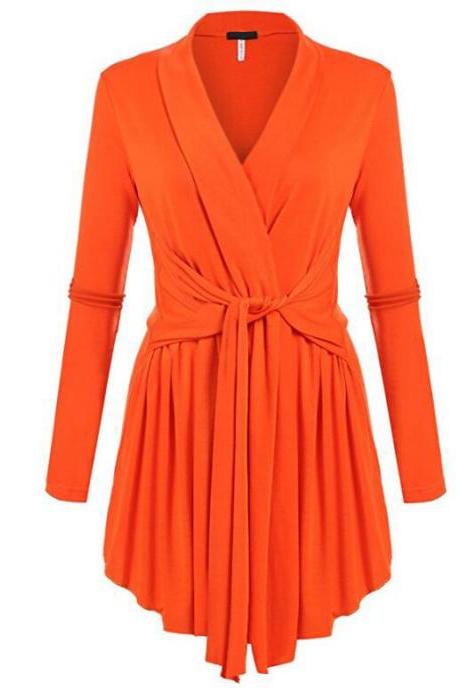 Women V-Neck Tunic Soft Tops Asymmetrical Hem Long Sleeve Casual Shirt Solid Female Blouse orange