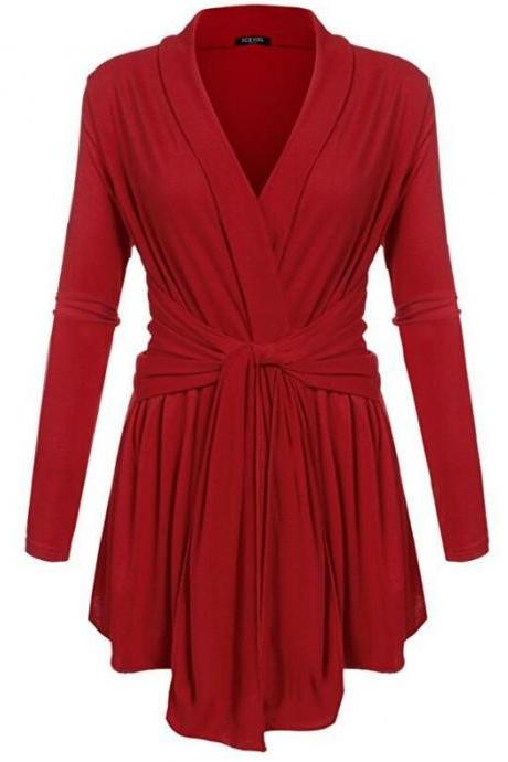 Women V-Neck Tunic Soft Tops Asymmetrical Hem Long Sleeve Casual Shirt Solid Female Blouse red