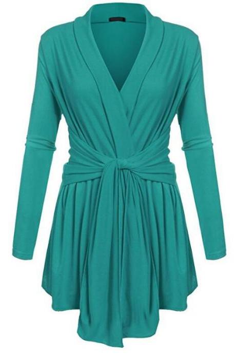 Women V-Neck Tunic Soft Tops Asymmetrical Hem Long Sleeve Casual Shirt Solid Female Blouse turquoise
