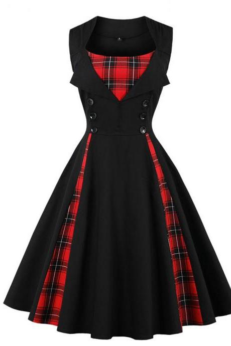 Vintage 50 60s Dress Buttons Plaid Patchwork Plus Size Women Party Dress black