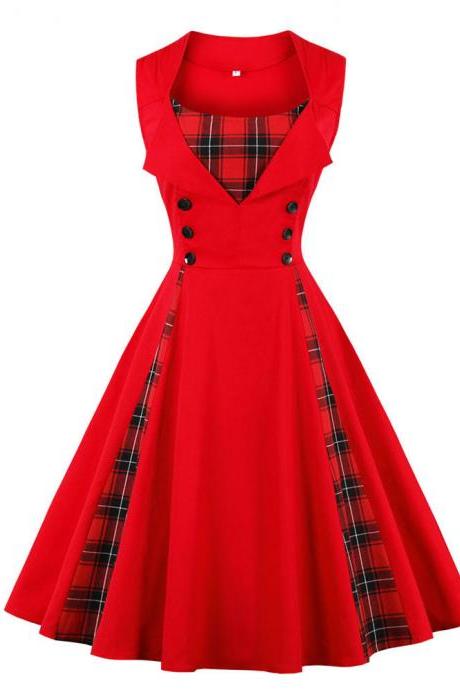 Vintage 50 60s Dress Buttons Plaid Patchwork Plus Size Women Party Dress red