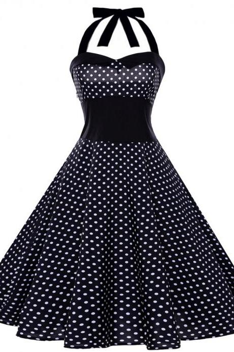 Vintage Polka Dot/Floral Dress Halter Backless Big Swing Women Casual Party Dress 3#